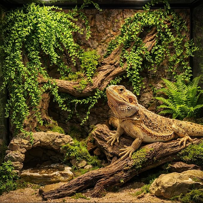 HERCOCCI 2 Pack Reptile Plants, Terrarium Hanging Plants Vines Artificial Leaves Habitat Decorations with Suction Cup for Bearded Dragon Hermit Crab Lizard Snake Geckos Chameleon