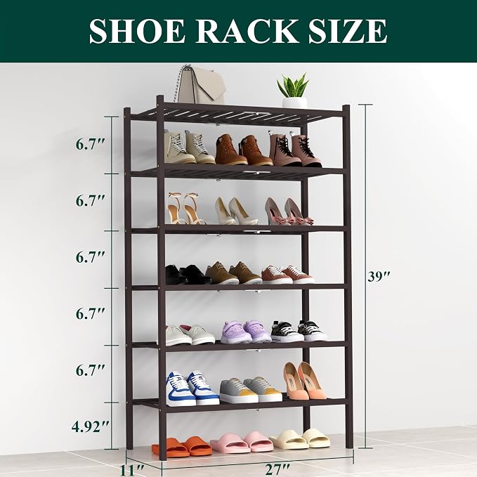 Smiry Bamboo Shoe Rack, 6 Tier Free Standing Wooden Shoe Organizer, Stackable Wood Shoe Storage Shelf for Closet, Entryway, 14 Vertical Slats, 2+2+2 Stack Heavy-Duty Legs, 26.8"x11"x39", Brown
