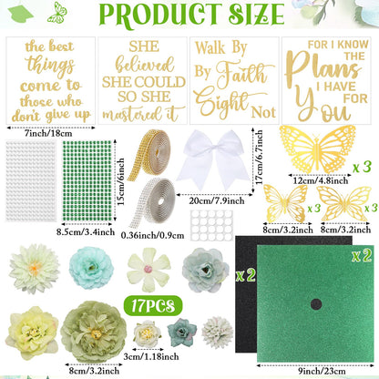 Gersoniel 42 Pcs DIY Graduation Cap Decorations Kit Include Faux Flower Heads Graduation Quote Glitter Sticker Bow 3D Butterfly Rhinestone Pearl Stickers for Grad Cap Topper Decor(Green)