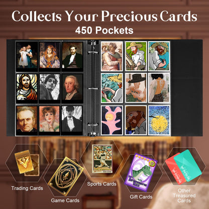 WOT I Deluxe Trading Card Binder, 450 Pockets Collectible Card Binder Sleeves, Refillable Leather 3 Ring Binder with Side-load Pocket Card Pgaes for Holding Cherished Cards - Green
