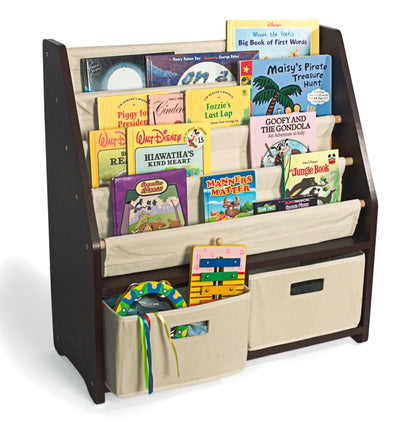 WONKAWOO Kids Sling Bookshelf Wooden Rack, 4 Levels of Canvas Slings for Large Children Books and 2 Storage Bin Boxes for Toys Organizer, Espresso Shelf with Natural Fabric Slings