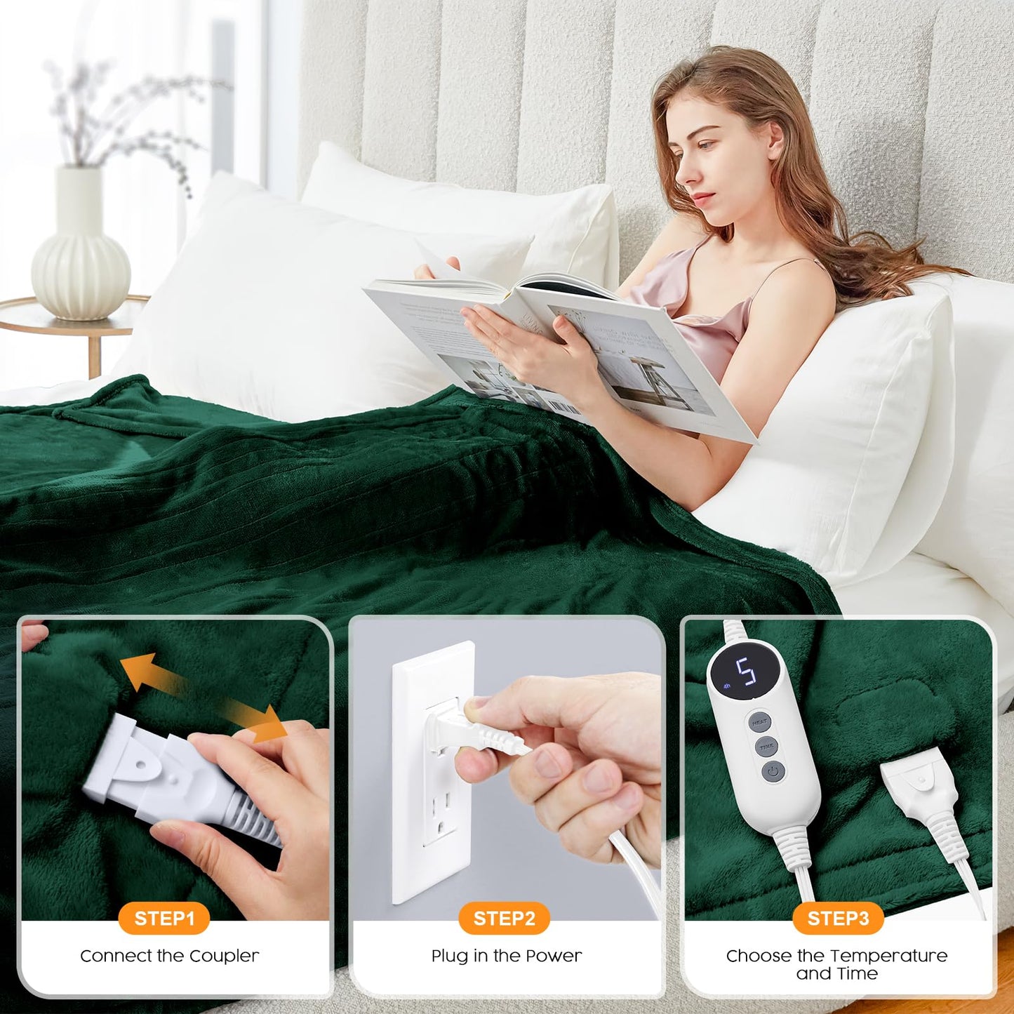 HYLEORY Heated Electric Blanket Throw, 2-Layer Cozy Warm Flannel 50" x 60", Heating Blanket with 9 Heating Levels, 2/4/6/10 Hours Auto Off, Fast Heating Winter Blanket, Dark Grey
