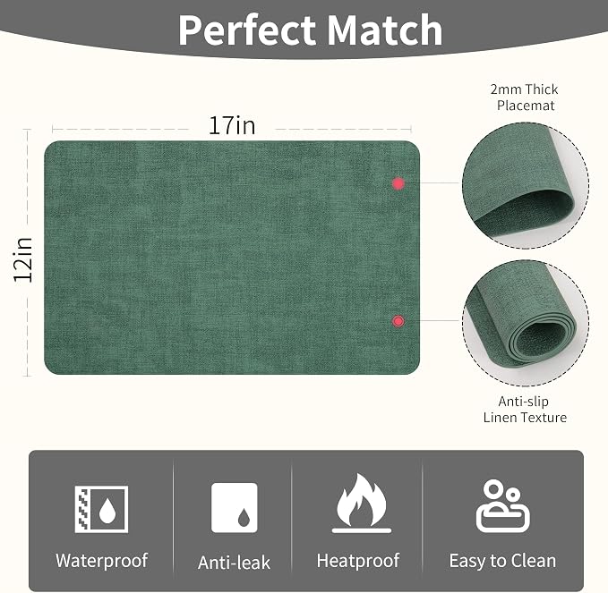 Maxpearl Faux Leather Placemats Set of 4 - Waterproof - Wipe Clean - Heat Resistant - Anti Slip Dining Table Place Mats, Suitable for Indoor & Outdoor Use, 17’’×12’’, Dark Green