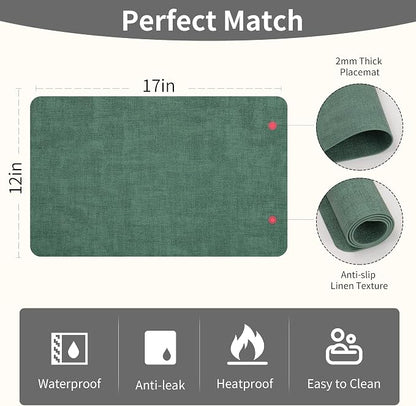 Maxpearl Faux Leather Placemats Set of 6 - Waterproof - Wipe Clean - Heat Resistant - Anti Slip Dining Table Place Mats, Suitable for Indoor & Outdoor Use, 17’’×12’’, Dark Green