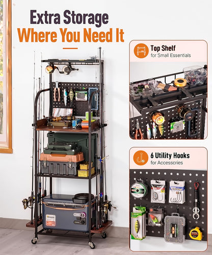 Homde Fishing Rod Holders for Garage: Large Capacity Fishing Equipment Holder up to 12 Rods - Mobile Tackle Storage Cart with Pegboard and Hooks for Tackle Box Organizers and Storage