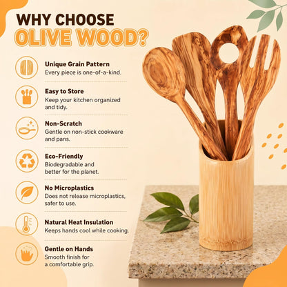 6 Pcs 12in Olive Wood Cooking Utensils Set Wooden Kitchen Utensil with Olive Spoons Spatulas Spoon Holder and Storage Container for Cooking Baking Meal Birthday Anniversary Housewarming Gifts