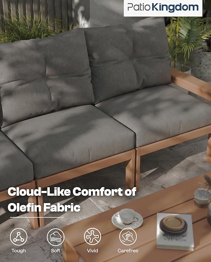 Teak HDPE Outdoor Patio Furniture Set, 10-Piece Patio Conversation Sets with Coffee Table & Washable Thick Cushions, Outdoor Sofa for Garden, Balcony, Porch, Yard, Lawn, Poolside