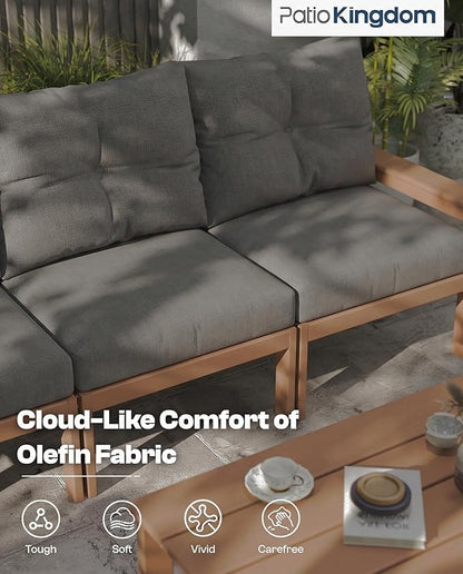 Teak HDPE Outdoor Patio Furniture Set, 10-Piece Patio Conversation Sets with Coffee Table & Washable Thick Cushions, Outdoor Sofa for Garden, Balcony, Porch, Yard, Lawn, Poolside