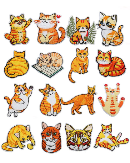 16pcs Cute Cat Patches Kitten Embroidered Iron on Patches for Clothes, Orange Animal Fabric Repair Patches for Jean Hat Jacket Backpack Shoe Backpack Decorative Applique