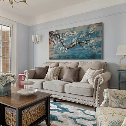 Large Canvas Wall Art for Living Room- 100% Hand-Painted Oil Painting with Texture, Extra Large Gallery Wrapped Floral Plum Blossom Tree Artwork Blue Teal Lake Wall Picture for Bedroom, Office Decor