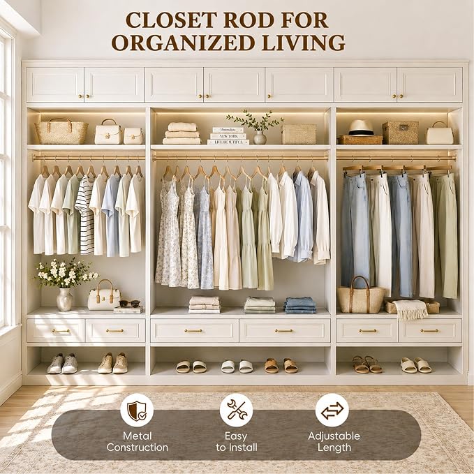Heavy Duty Closet Rod, 17-99 IN Closet Rods for Hanging Clothes, Gold | Stepless Adjustable, Supports up to 66 lbs, Multiple Size Options, Easy Installation, Multi Purpose , Wall-Mounted