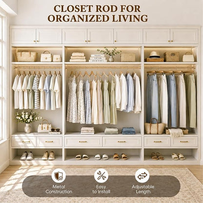 Heavy Duty Closet Rod, 17-54 IN Closet Rods for Hanging Clothes, Gold | Stepless Adjustable, Supports up to 66 lbs, Multiple Size Options, Easy Installation, Multi Purpose , Wall-Mounted