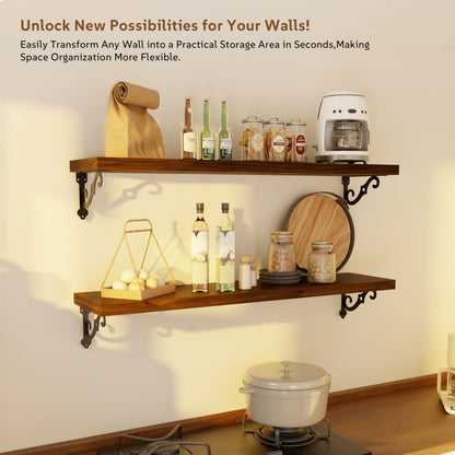 Teneyu Floating Shelves for Wall with Metal Brackets | 36-Inch Pine, Walnut 2-Pack