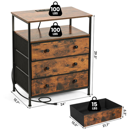 PATAVOT 3 Drawers Dresser with Charging Station, 24 Inch Wide LED Night Stand with Adjustable Fabric Drawer, Nightstand with Storage Shelf for Living Room/Bedroom/Office, Rustic Brown.