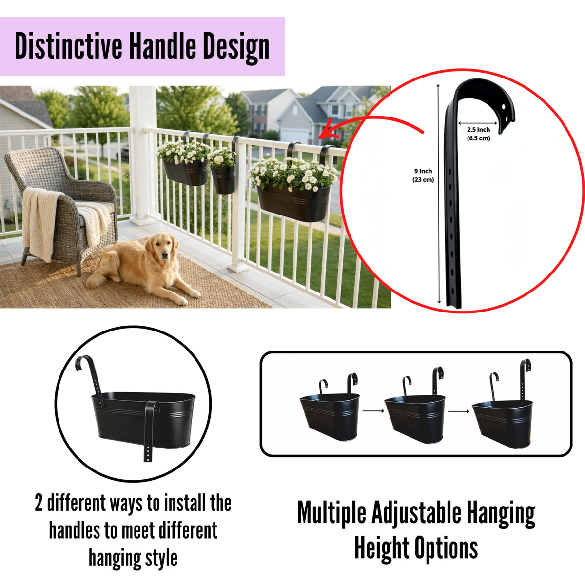 LaLaGreen 17 Inch Rail Planter (8-PIECE COMBO SET) Black Large Metal Hanging Railing Fence Flower Pots, Modern Balcony Gardening for Apartment Garden Style Iron Patio Planters Outdoor Deck Decorations