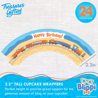 Treasures Gifted Officially Licensed Blippi Birthday Decorations Vehicle - Cake Topper Set - 1 Blippi Cake Topper & 24 Cupcake Toppers & Wrappers - Cake Decorations - Party Supplies