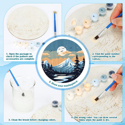 Faccito 4 Pack Wooden Landscape Paint by Numbers Kit for Adults Beginners 8 Inch Unfinished Round Wood Board Acrylic Paint Nylon Brush Hook Distant Mountains Sunset Lake DIY Crafts for Home Wall Decor