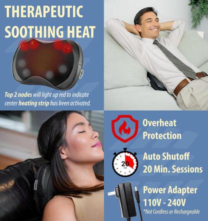 Zyllion Shiatsu Back and Neck Massager with Heat (FSA HSA Eligible) 3D Kneading 8-Node Electric Deep Tissue Massage Pillow for Muscle Pain Relief, Arthritis, Sciatica on Shoulder, Leg, Foot ZMA-25