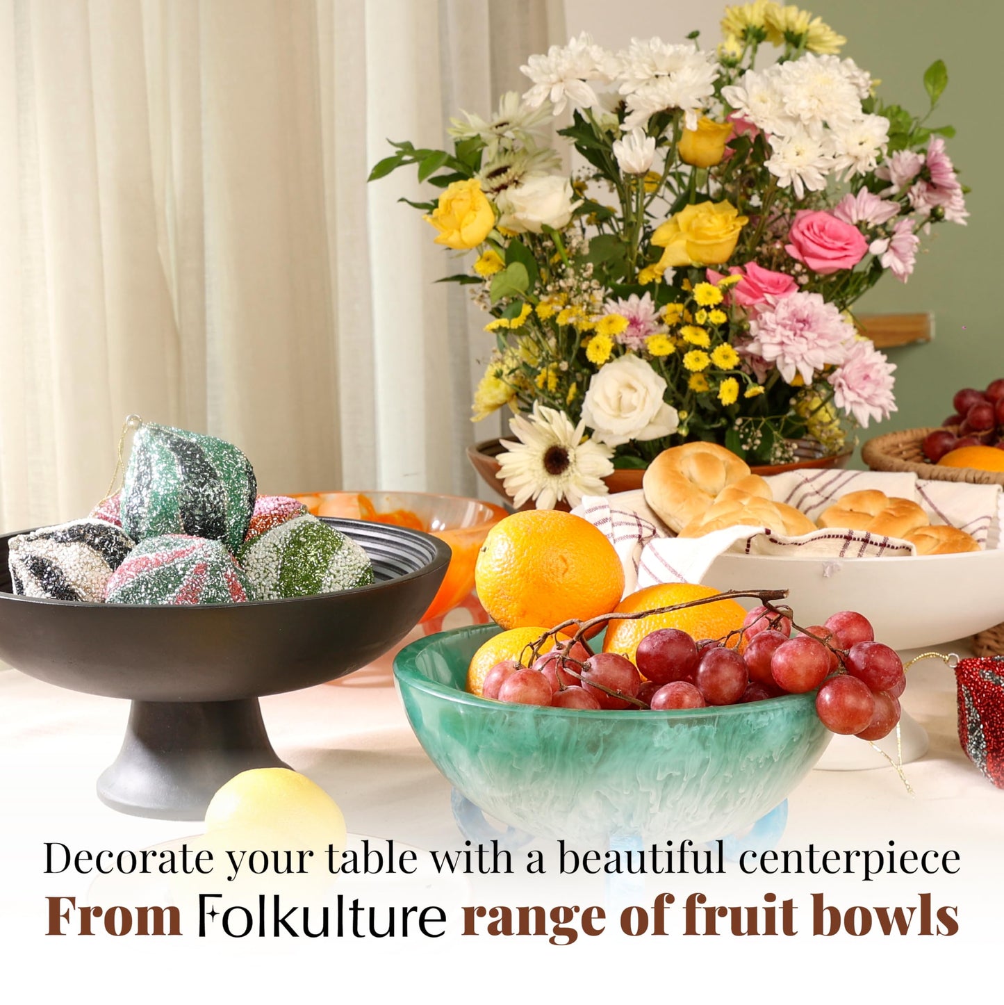 Folkulture Wooden Fruit Bowl for Kitchen Counter | 12" Large Premium Eco Friendly Banana Fruit Basket for Kitchen | Black Fruit Bowl, Decorative Bowl for Table Decor, Centerpiece for Dining Table