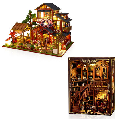 Hallisun DIY Miniature House Building Kits, Japanese Restaurant and Ancient Rhyme Library 3D Wooden Dollhouse Toys, Birthday Christmas Festival Gift for Teens Adults