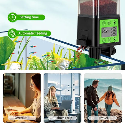 Podazz Automatic Fish Feeder for Aquarium with Timer, LCD Display 320ML Large Capacity Adjustable Fish Dispenser, Operated Feeders for Goldfish, Turtle for Vacation, Weekend or Daily Use(Green)