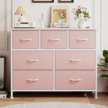 HAPPYMONT Fabric Dresser for Bedroom with 7 Drawers, Chest of Drawers, Wood Top and Metal Frame Organizer for Clothes, Closet, Entryway, Hallway, Living Room Furniture