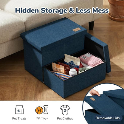 2-Step Wide Dog Stairs with Storage 11" H, Non-Slip Sturdy Pet Steps for Couch Chair, Dog Steps for Small/Medium Old Dogs, Cats, Rabbits Up to 150lbs, Foldable Cat Puppy Stairs for Car, Navy
