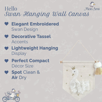 MON AMI Embroidered Swan Hanging Wall Canvas Banner | 10-Inch Plush Wall Décor for Nursery & Kids’ Room | Elegant Swan Design with Tassels | Whimsical Gift for Baby Showers & Birthdays