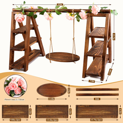 3 Tier Wooden Cupcake Stand with Swing and Flower Decoration, Large Dessert Stands with Serving Tray, Removable Trays, Foldable Ladder Food Display Set for Cake Snack Fruit Chips Bread Centerpieces (Dark Brown)