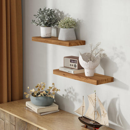 Fun Memories Wood Floating Shelves 24 Inch Long, Rustic Elm Wood Wall Shelves for Farmhouse, Living Room, Kitchen, Wall Mounted Bathroom Shelf Floating Shelf with Invisible Bracket Set of 2, Natural