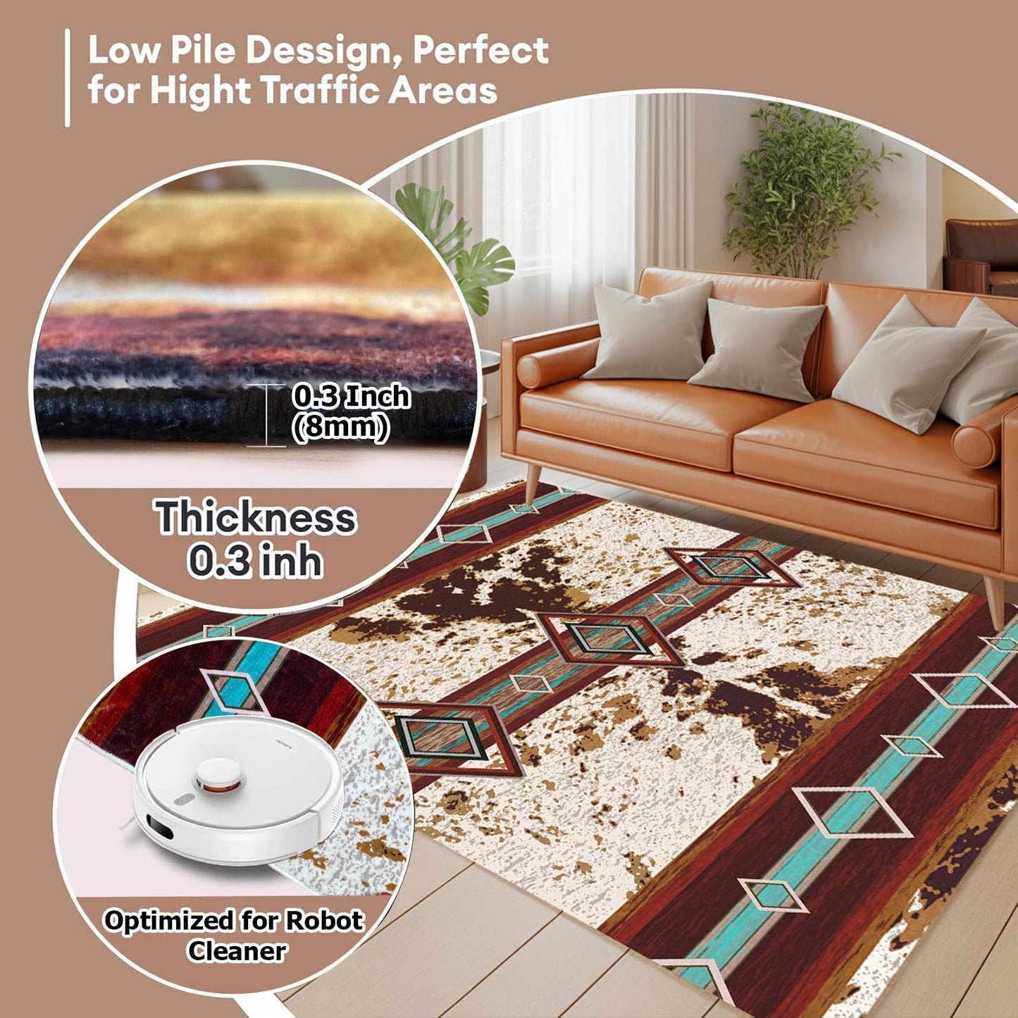 Combo Southwest Faux Cowhide Area Rug and 4 Pcs Non-Slip Rug Tape for Living Room, Bedroom, Southwestern Area Rugs, Native American Rug, Geometric Western Rugs, Aztec Tribal Rugs Home Decor 3x5 ft