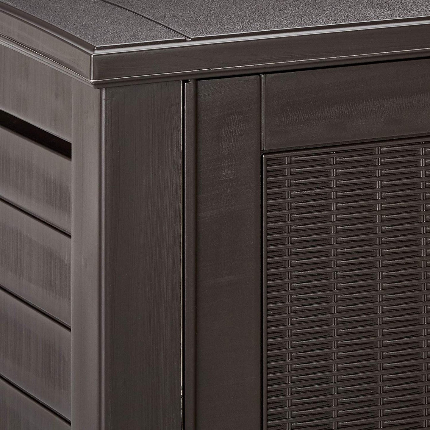 Rubbermaid Decorative Outdoor Storage Cabinet (123 Gal) Weather Resistant Dark Brown Organization for Home/Backyard/Pool Chemicals/Toys/Garden Tools/Porch/Patio Cushions