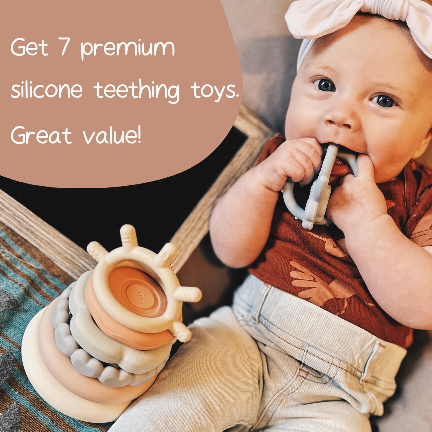 Moonkie Stacks of Circles Soft Teething Toy | Educational Learning Baby Toy | Stacking Ring Toys for Babies Boy and Girl | 7 Piece Teethers Set (Nature)