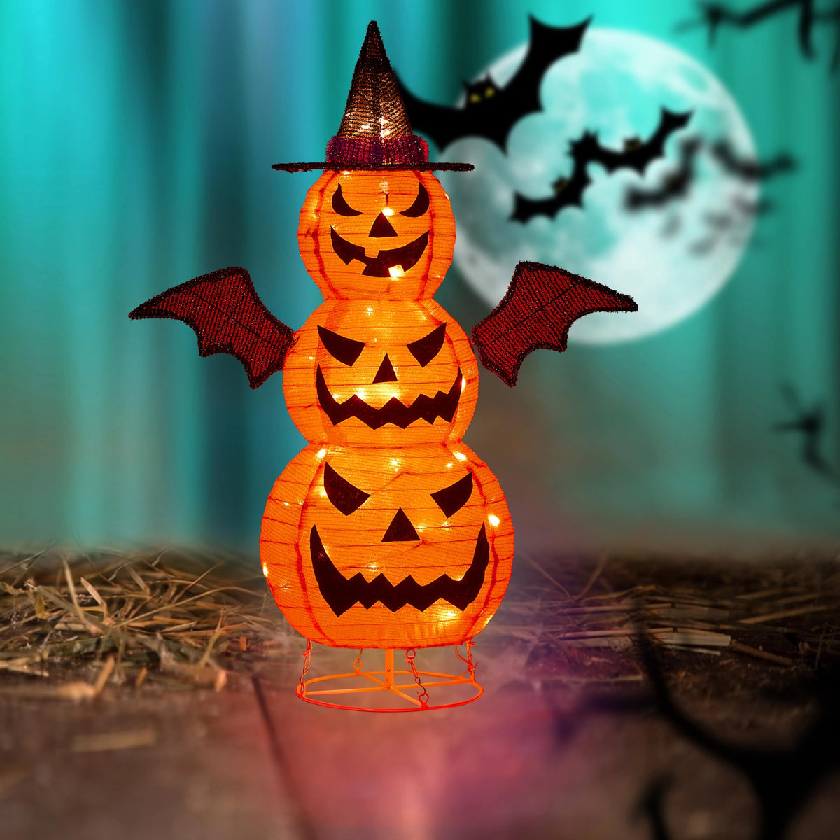 3FT-Halloween Decorations Outdoor – 37 Inch Collapsible Pumpkin Man with 40 LED Lights, Stretchable Pop Up Jack-o'-Lantern for Yard, Garden, Porch, Party Decor