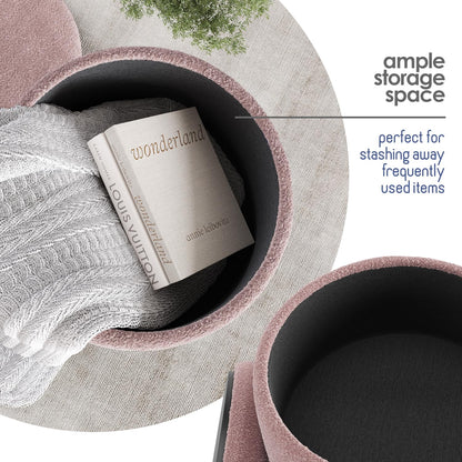 STORAGEBUD Round Ottoman with Storage, Boucle Storage Ottoman, Foot Stool Ottomans, Makeup Vanity Stool, Small Ottomans Foot Rest, Modern Vanity Stools for Living Room and Bedroom, Pink