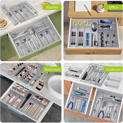 Neudeco Drawer Organizer Set, Silver Mesh, 6 Pack | 5-Compartment Silverware Tray, 5 Utensil Trays, Non-Slip, For Flatware, Cutlery, Office Supplies