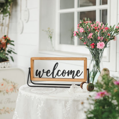 NIKKY HOME Wooden Welcome Sign, Rustic Table Signs Freestanding Word Sign Decorative Cutout Welcome Letters Sign for Home Ornament Entryway Living Room Indoor Decor
