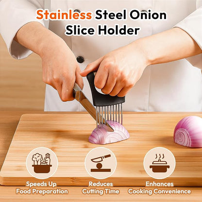 Onion Slicer, Stainless Steel Onion Holder for Slicing with Protective Case, Onion Cutter Tool for Meat Lemon Potato Tomato Avocado Egg Kitchen Slicing Assistant Tool (1 PCS)