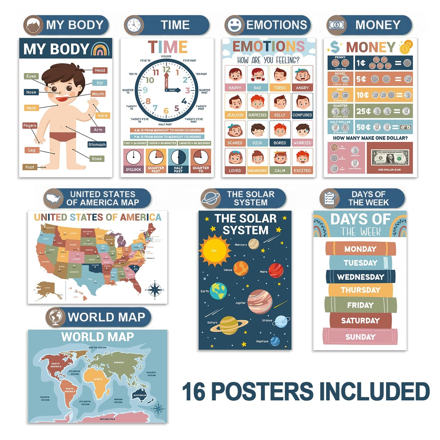 16 Pcs 16”x24” Large Educational Posters for Classroom Decor-Educational Posters for Toddlers 1-3 Learning Poster for Boys Girls Ages 3-5,Kindergarten Preschool Classroom Teacher Must Haves Chart Boho