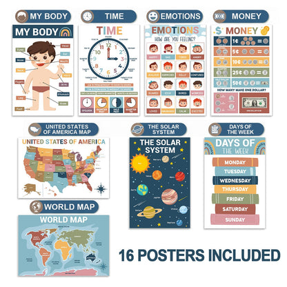 16 Pcs 16”x24” Large Educational Posters for Classroom Decor-Educational Posters for Toddlers 1-3 Learning Poster for Boys Girls Ages 3-5,Kindergarten Preschool Classroom Teacher Must Haves Chart Boho