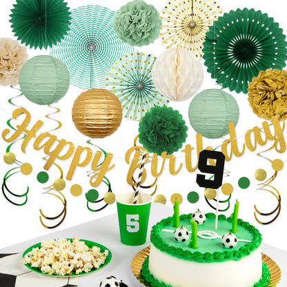 Sage Green Birthday Party Decorations - 21pcs with Happy Birthday Banner, Paper Lanterns, Tissue Pom Poms, Hanging Streamers, Round Garland for Women Girls Boys Birthday Decor Supplies.