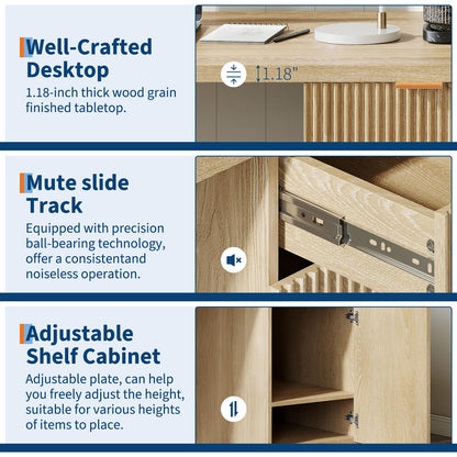 BouPower 60" Fluted Executive Desk with Drawers, Wood Computer Desk with Storage Cabinet, Home Office Desks with Storage for Study Room, Bedroom, Living Room, Natural Oak