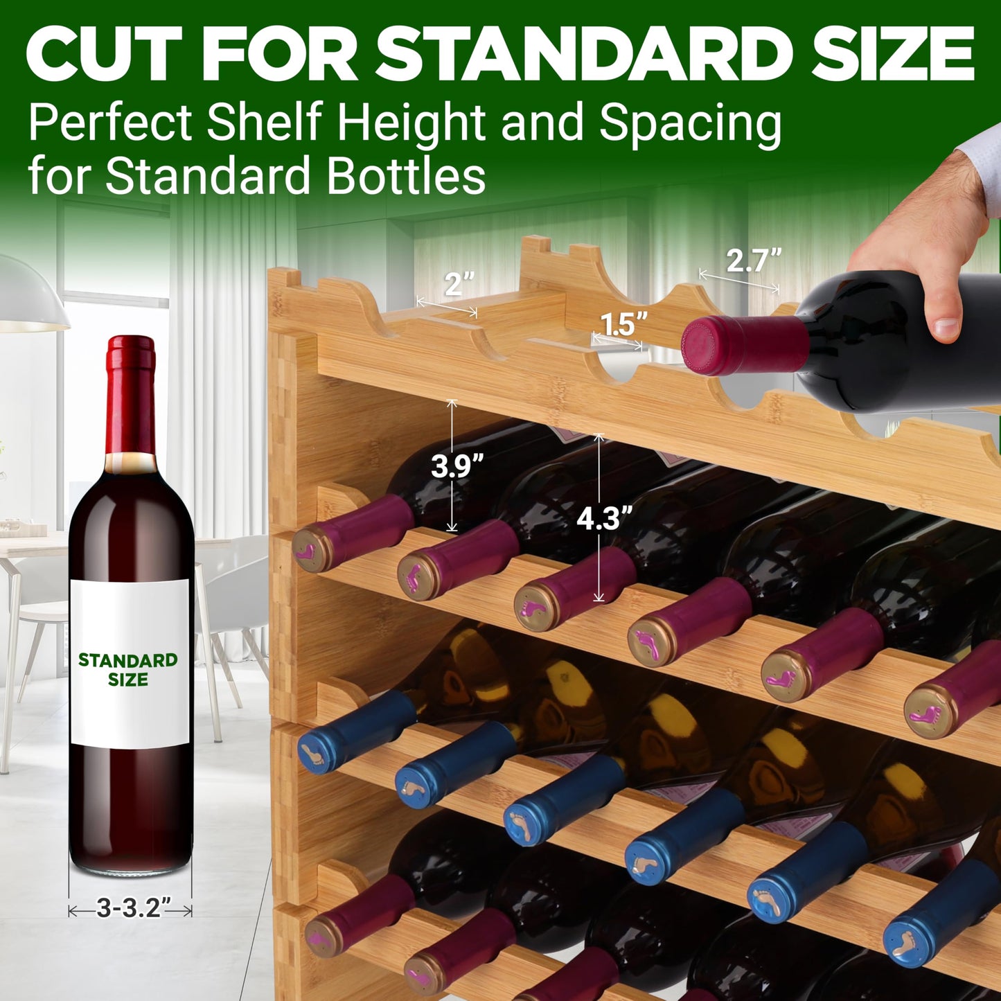NutriChef 108 Bottle Stackable Bamboo Wine Rack, 12-Tier Modular Shelf