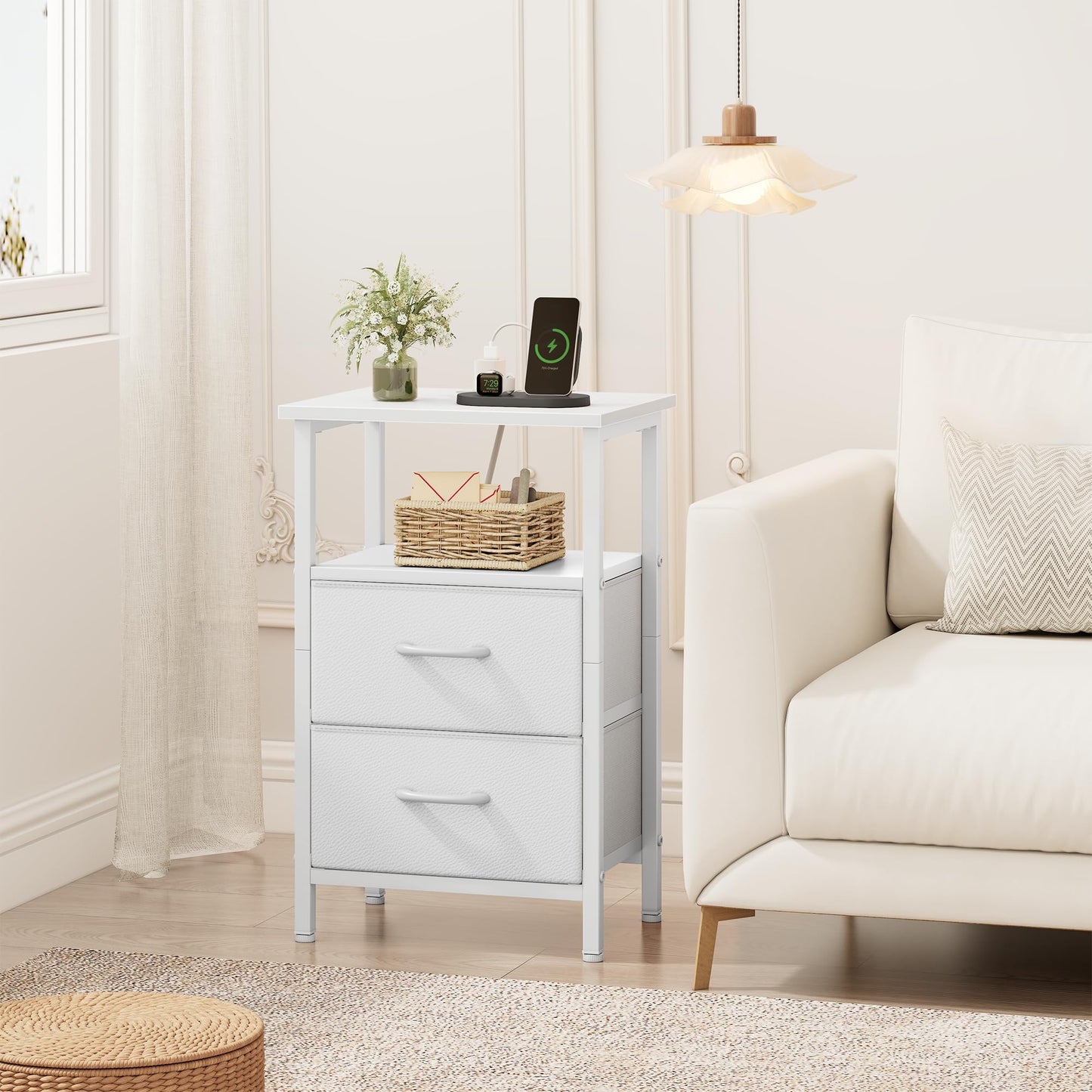 Vagusicc Nightstand Set 2 with Charging Station, End Table with Fabric Drawers, Bedside Table with Open Wood Shelf, 24.2" Tall Side Table with USB Ports & Outlets, Night Stand for Bedroom, White