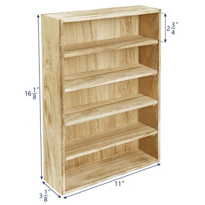 Ikee Design Wooden Wall-Mounted Display Shelves Rack for Collectibles-Figures,Shot Glasses, Spice Can,Cosmetics or Perfume-5 Adjustable Height Shelves,Space-Saving,Oak Color