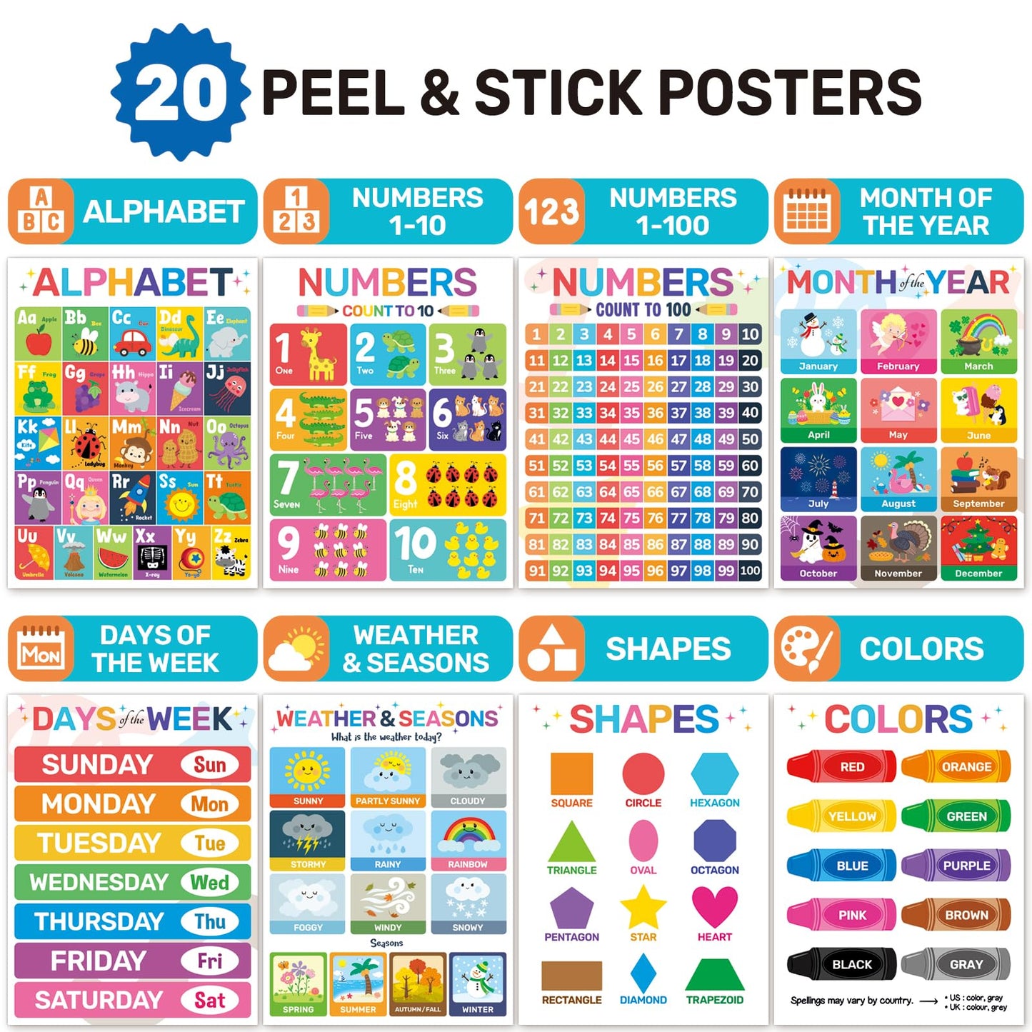 DECOWALL 20 Peel & Stick Educational Posters for Toddlers, Alphabet Learning Charts for Kids Ages 2–6, Preschool, Kindergarten, Homeschool Decor, Daycare&Classroom Must Haves Removable stickers(PS-01)