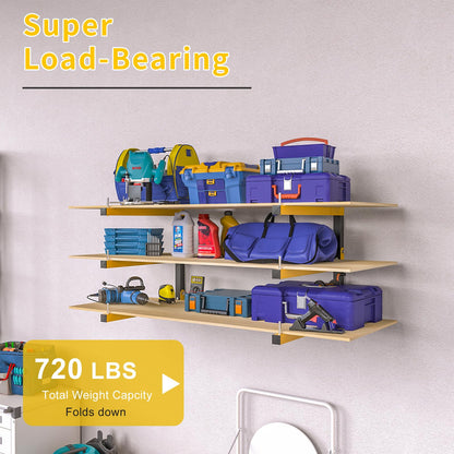 4 PACK Lumber Storage Rack Wall Mount Wood Organizer Storage Racks Heavy Duty Shelf Brackets with 6-Level System 720 LB Sturdy Folding Garage Wall Shelving, Snowboard Rack for Indoor and Outdoor