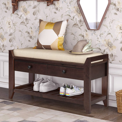 Tzou Storage Bench,39''Storage Living Room Foot Rest with Cushion Seating and Storage Drawers,Multipurpose Wooden Shoe Bench with Bottom Shelf for ntryway Hallway Living Room Bedroom Espresso