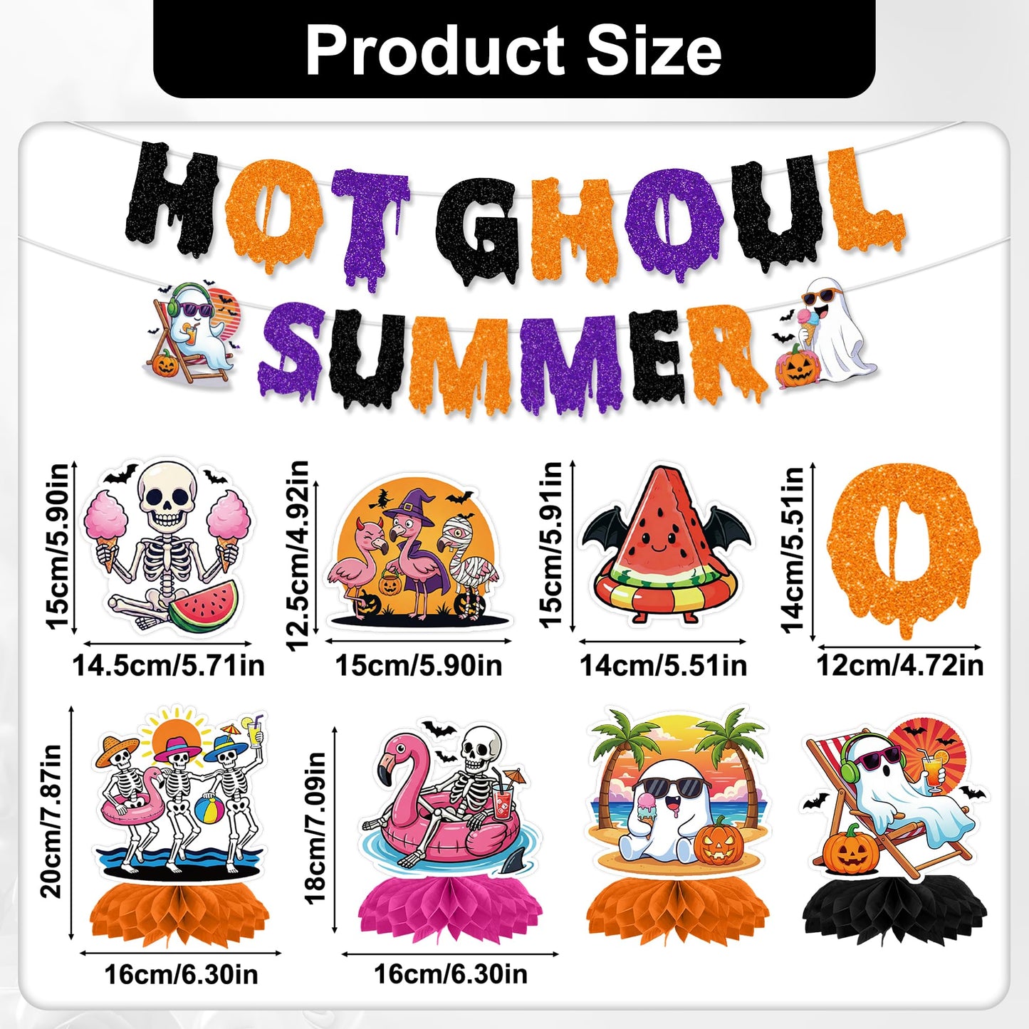 RUBOAOA Summerween Party Decorations, 14 Pcs Hot Ghoul Summer Decor with Banner Hanging Swirl Honeycomb Centerpieces, Tropical Spooky Ghost Skeleton Halloween Decor for Summer Beach Pool Luau Birthday