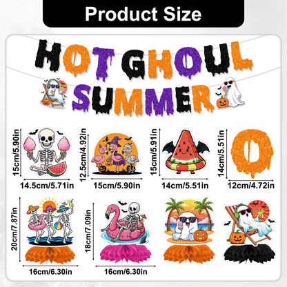RUBOAOA Summerween Party Decorations, 14 Pcs Hot Ghoul Summer Decor with Banner Hanging Swirl Honeycomb Centerpieces, Tropical Spooky Ghost Skeleton Halloween Decor for Summer Beach Pool Luau Birthday